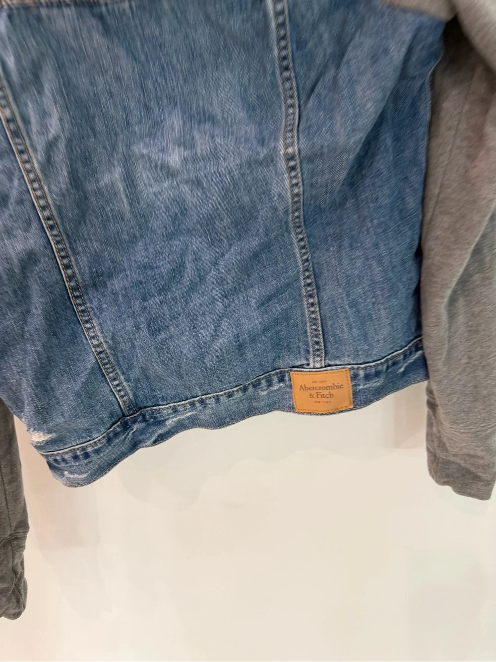 Abercrombie & Fitch Denim Jean Jacket with Gray Hooded Knit Sleeves
